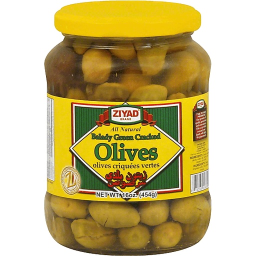 GREEN CRACKED OLIVES 16 OZ.